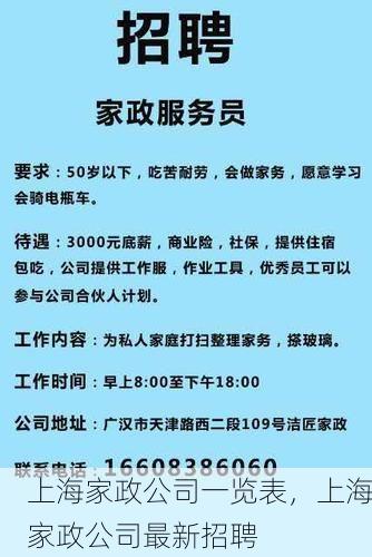 上海家政公司一览表，上海家政公司最新招聘