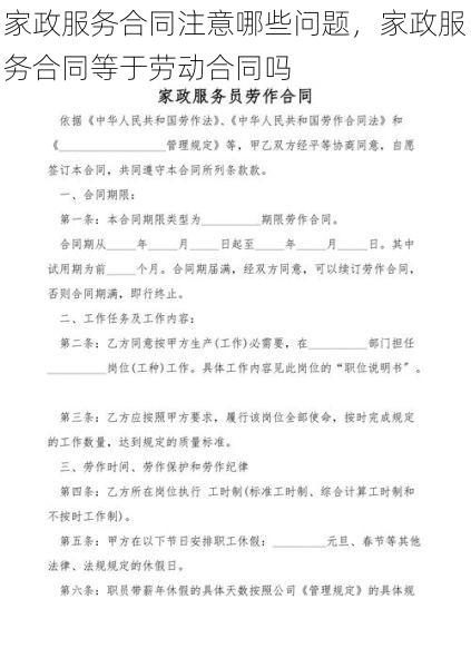 家政服务合同注意哪些问题，家政服务合同等于劳动合同吗